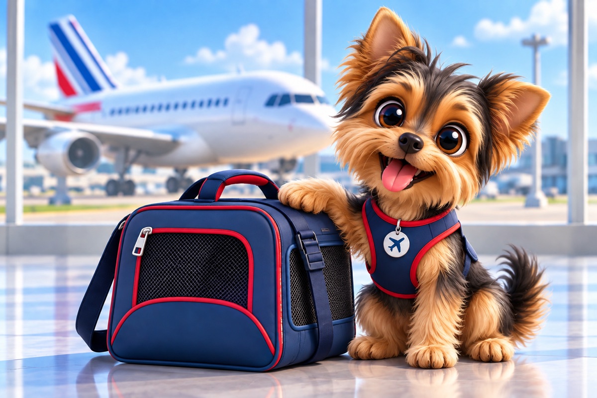 Yorkshire Terrier mit navyblauer Tasche und Flugzeug im Hintergrund.