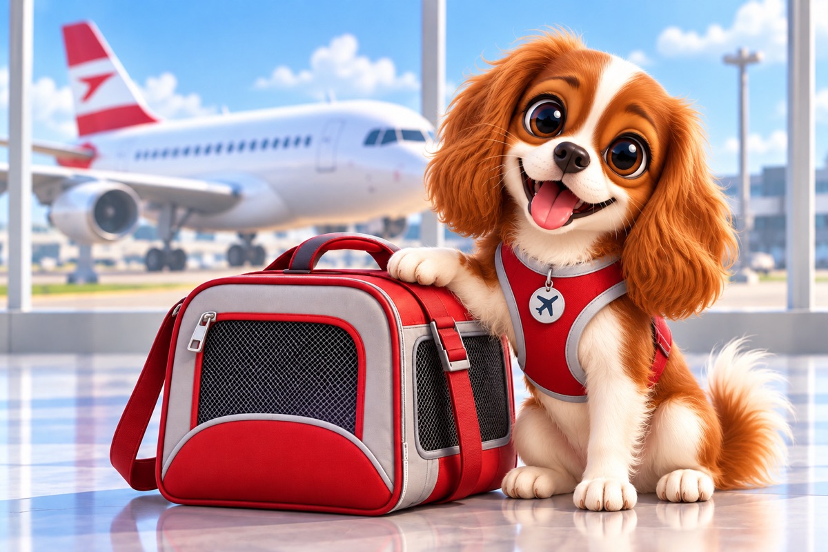 Kleiner Spaniel mit roter Tasche und Flugzeug im Hintergrund.