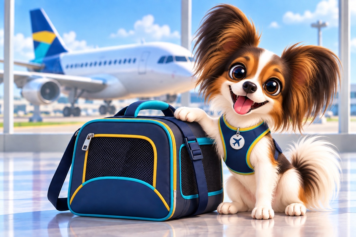 Papillon mit navyblauer Tasche und Flugzeug im Hintergrund.