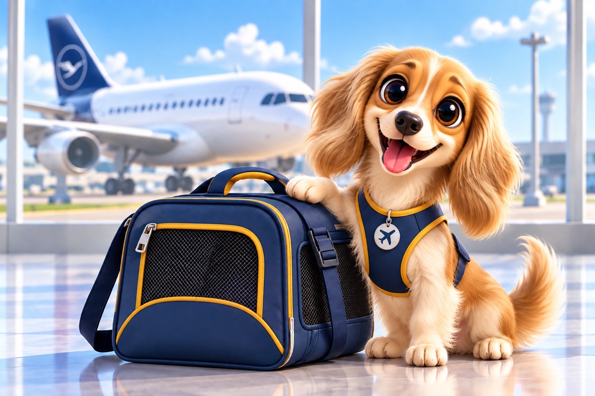 Langhaariger kleiner Hund mit navyblauer Tasche und Flugzeug im Hintergrund.