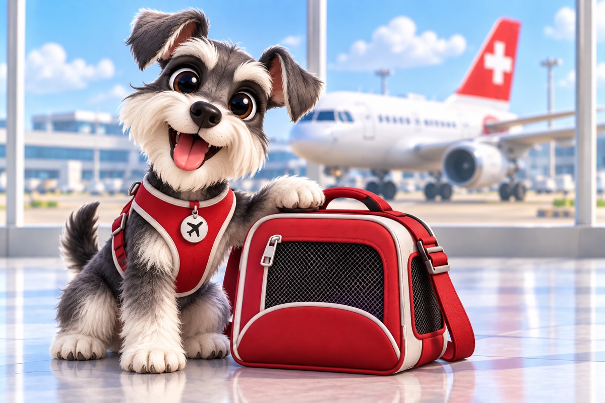 Zwergschnauzer mit roter Tasche und Flugzeug im Hintergrund.