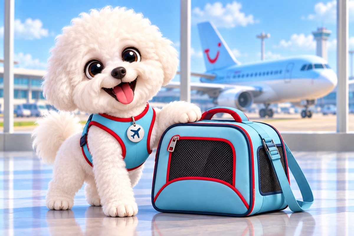 Bichon Frisé mit hellblauer Tasche und Flugzeug im Hintergrund.